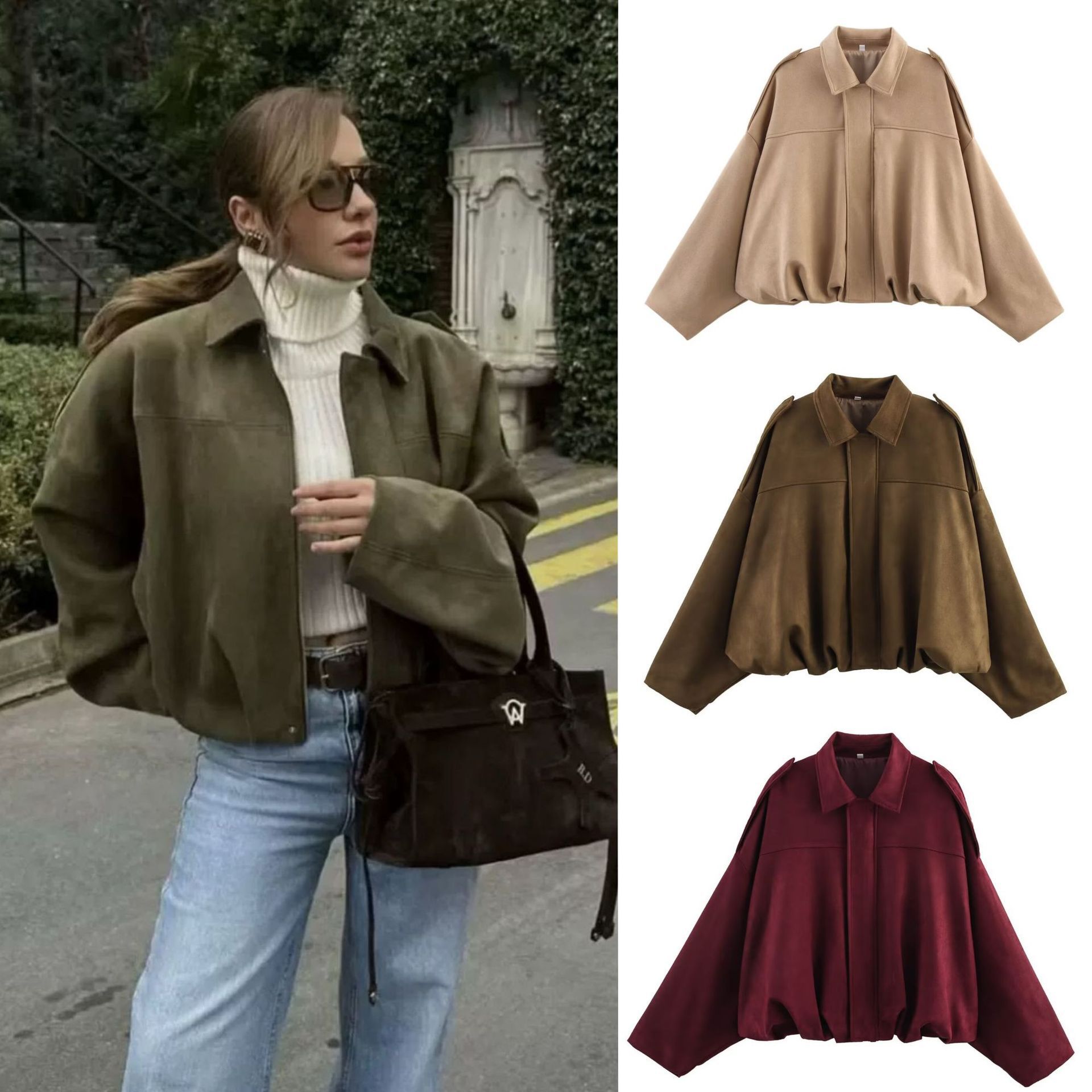 Chaqueta de piloto de moda para mujer con mangas de murciélago y cremallera, top informal