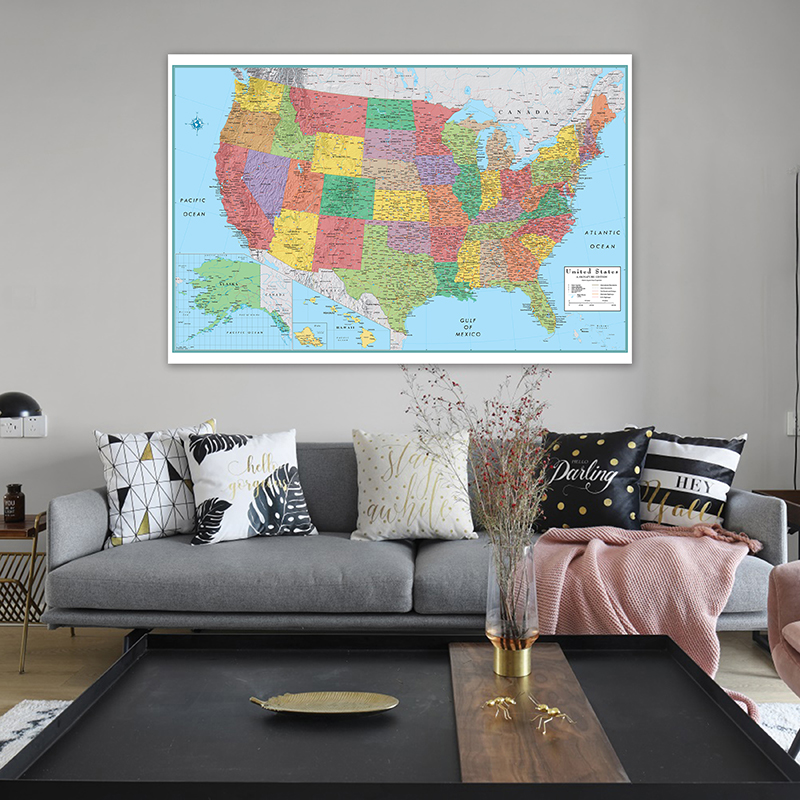 150*100Cm Bản Đồ Hành Chính Của Mỹ Treo Tường Trang Trí Tranh Canvas Nghệ Thuật Poster Và Hình In Lớp Học Tiếp Liệu Phòng trang Trí Nhà