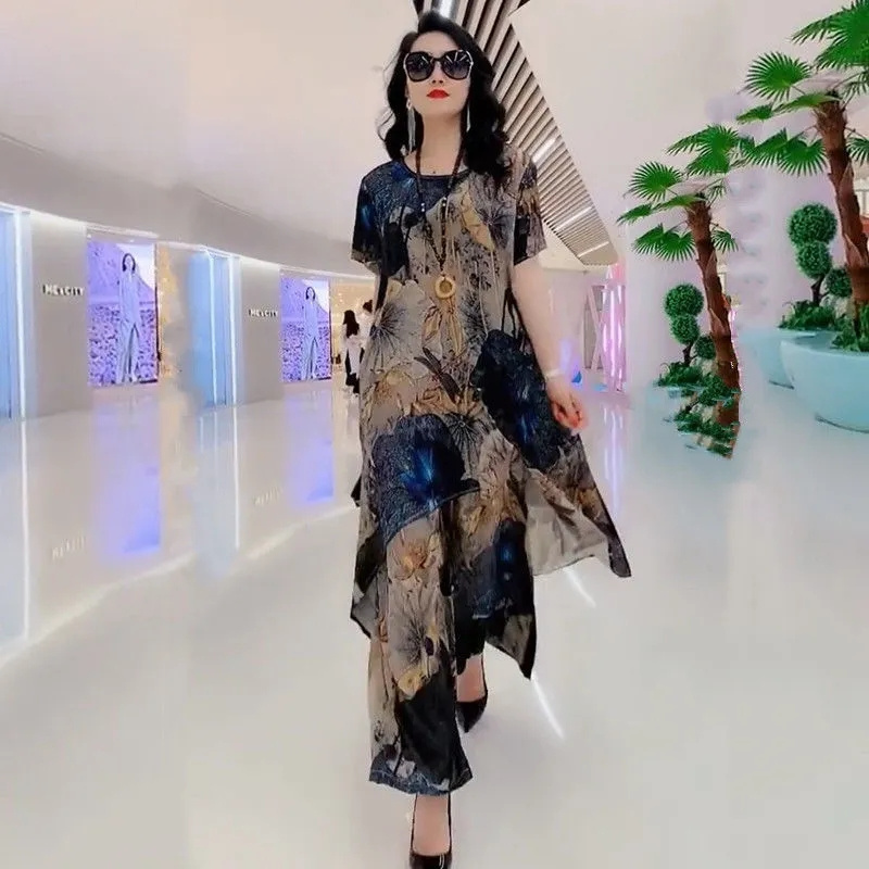 Damskie spodnie z szerokimi nogawkami 2023 Summer New High Grade Temperament Fashion Real Quality Silk Large Size Foreign Style Two Piece Set