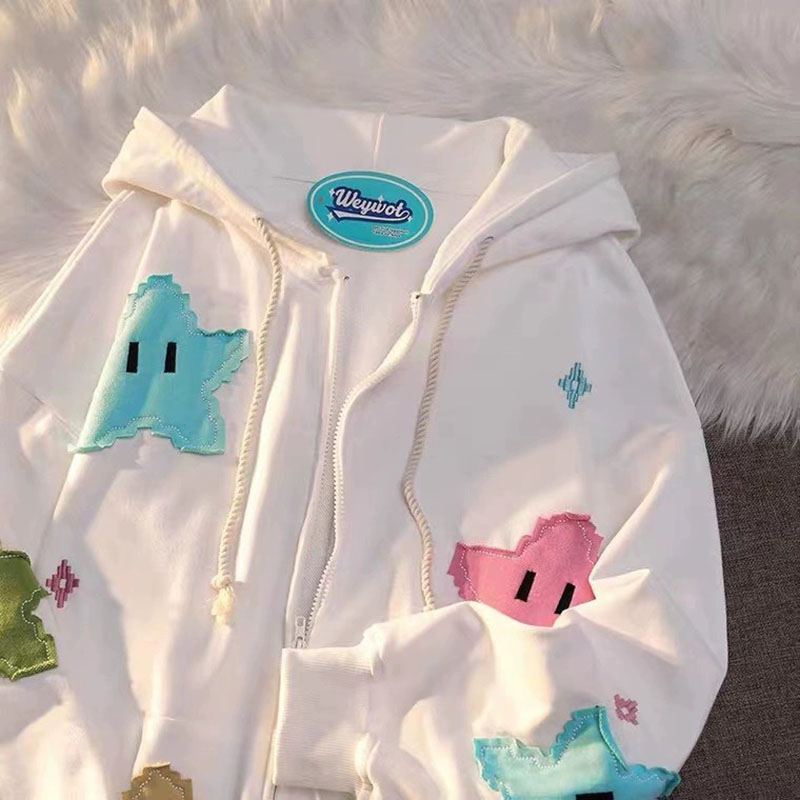 Nueva estrella de cinco puntas de dibujos animados con capucha para niñas apliques pulóver chaqueta con capucha mujer sudaderas
