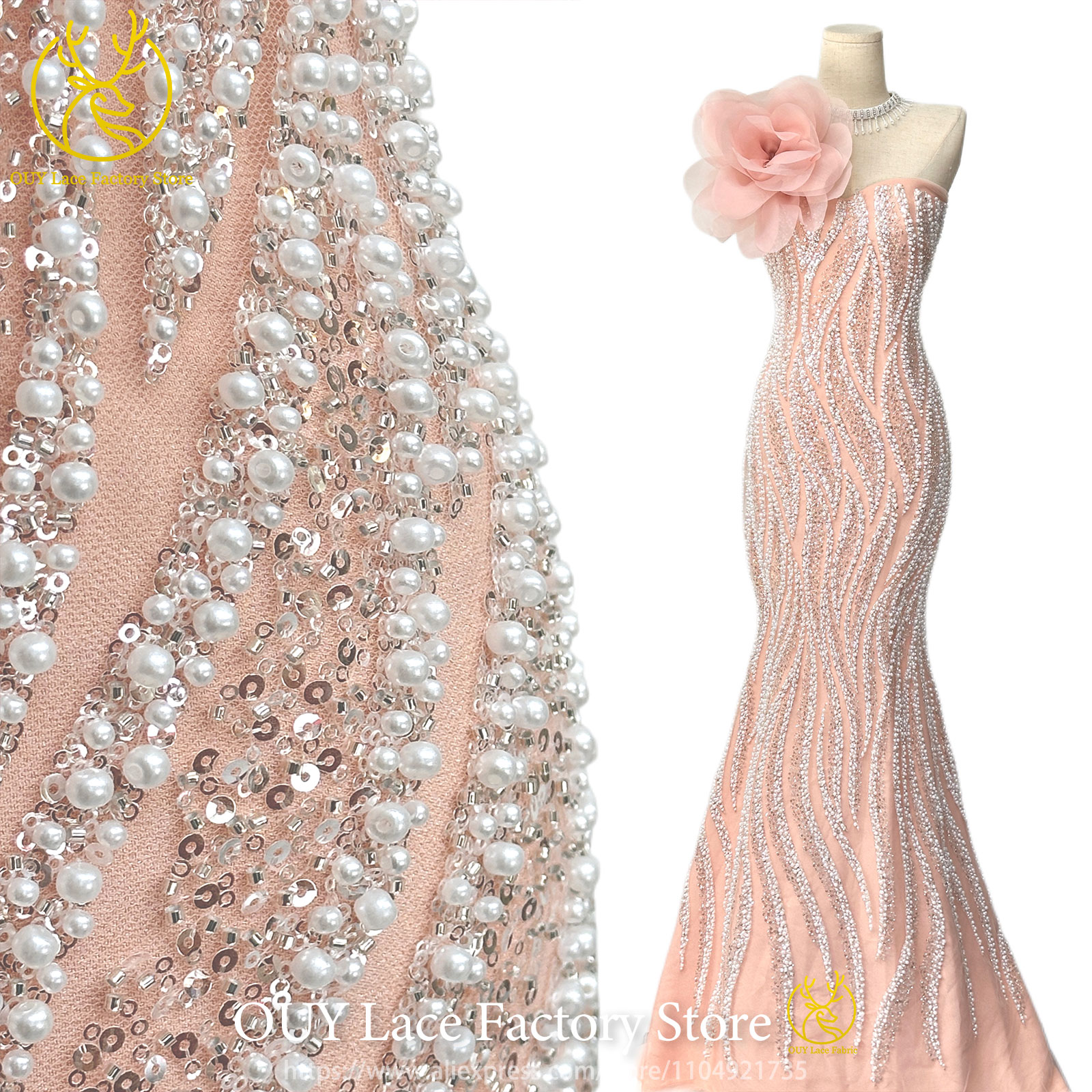New Style Nigerian Pearl Mesh Lace Fabric 2026 High Quality African Beaded Sequins Lace Fabric French Sewing Wedding Dress
