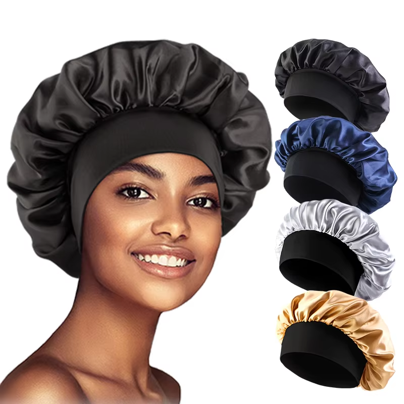 Dames satijnen effen bonnetten breedgerande nachtmuts badmuts unisex hoofdband elastische band muts haarverzorgingsbonnet