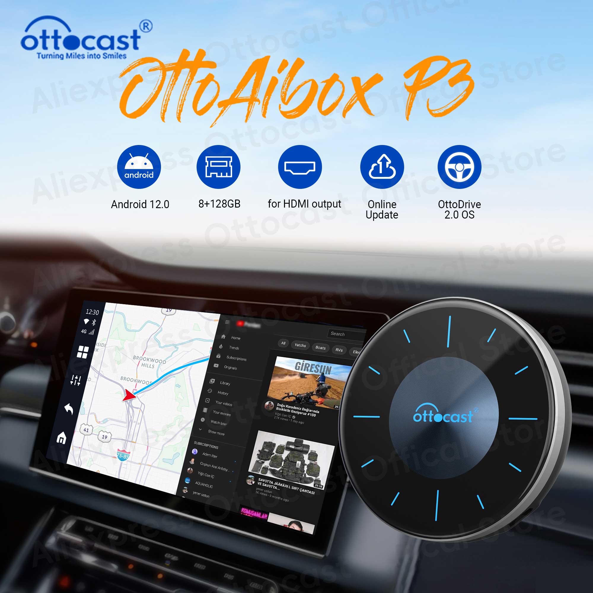 OTTOCAST OttoAiBox P3 ไร้สาย Android AI สําหรับ HDMI Out CarPlay อุปกรณ์เสริมสําหรับ Chervolet Skoda Porsche Hyundai Volkswagen