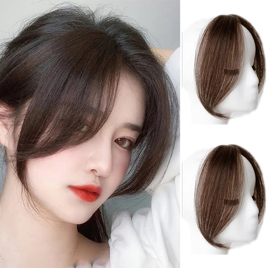 Extensões de cabelo sintéticas com franja falsa, clipe na parte intermediária, franja falsa natural francesa, peça de cabelo para mulheres, franja lateral, cabelo falso