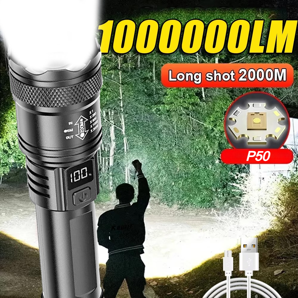 100000LM 超高輝度懐中電灯 Type-C 充電式 LED トーチ長距離戦術ランプ屋外防水キャンプランタン用