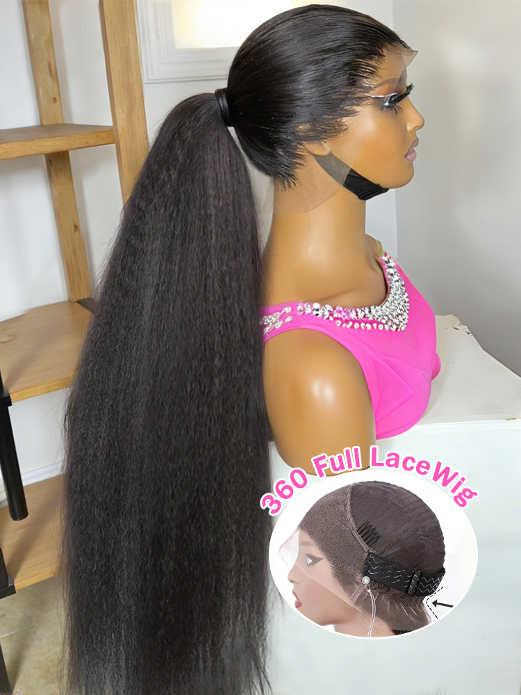 Kinky Straight Invisible Strap 360 Full Hd Lace Frontal Wig Human Hair Wig Yaki Straight Lace Front Wig Drawstring 360 Lace Wig