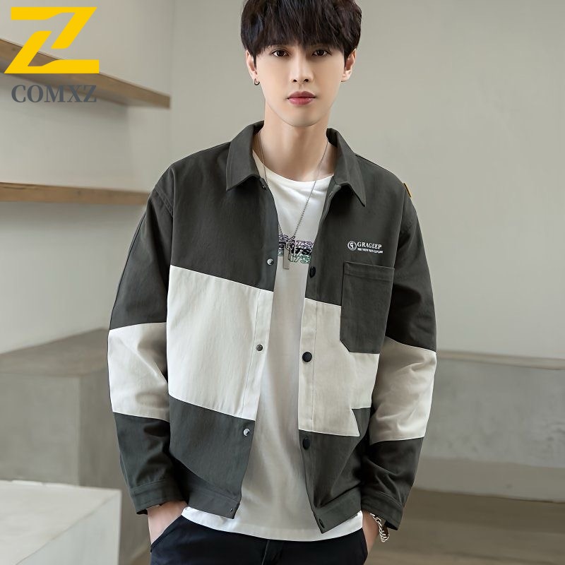 Jaket Pria Trendy 2025 Katun Kerah Lipat Longgar Kasual Sporty Blok Warna Mantel Hiking Travel Kerja Aktivitas Luar Ruangan Windbreaker