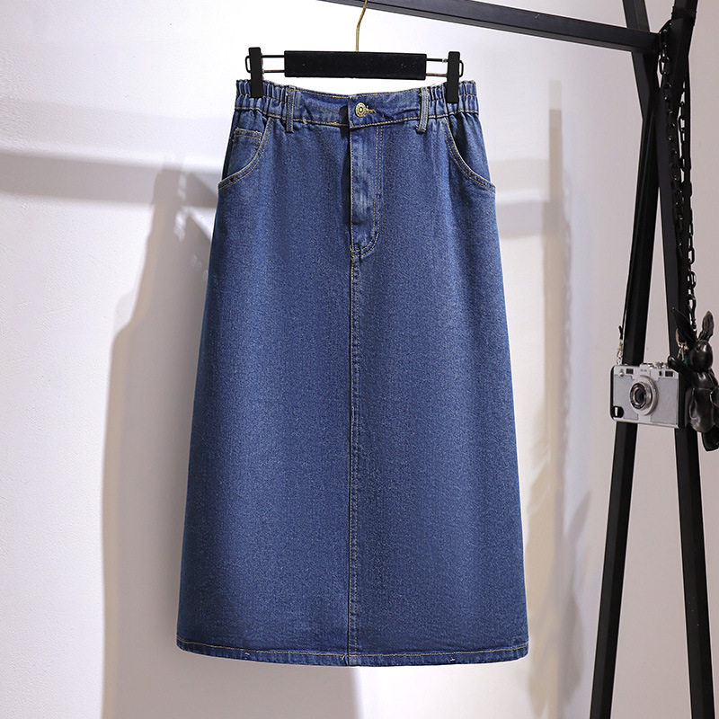 Gonna di jeans a un passo allentata estiva da donna di grandi dimensioni 5XL 6XL 7XL 8XL 9XL 150Kg Gonna temperamento di media lunghezza in vita elastica Blu