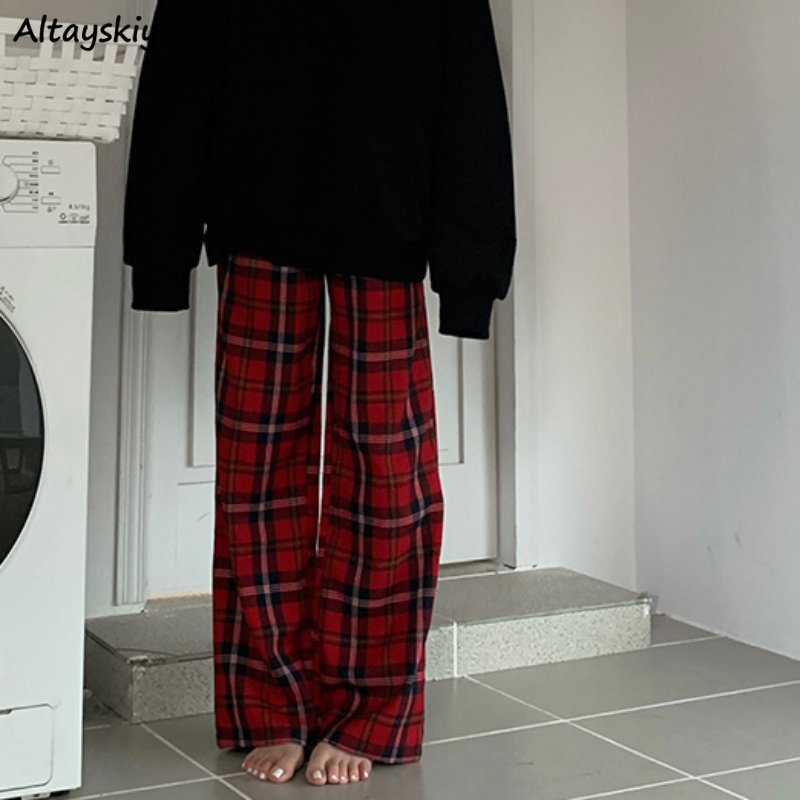 S-4XL casual vermelho xadrez calças femininas outono inverno moda elegante estudante estilo coreano harajuku hip pop streetwear chique vintage