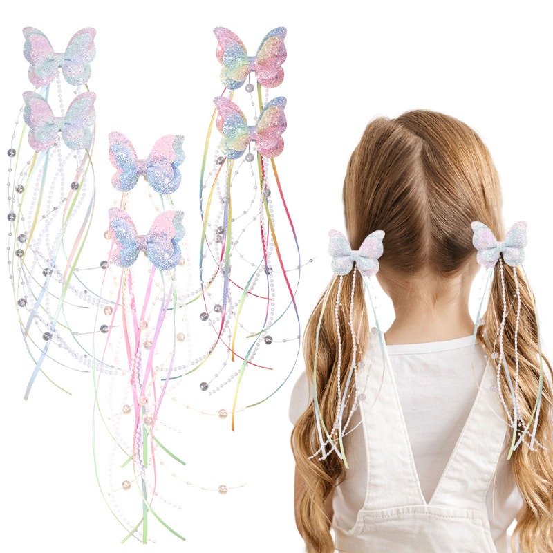 Fermaglio per capelli con paillettes a farfalla arcobaleno per bambini 2 pezzi, nastro di perle, fermaglio per capelli con nappa, accessorio per capelli intrecciato per ragazza, accessorio per prestazioni