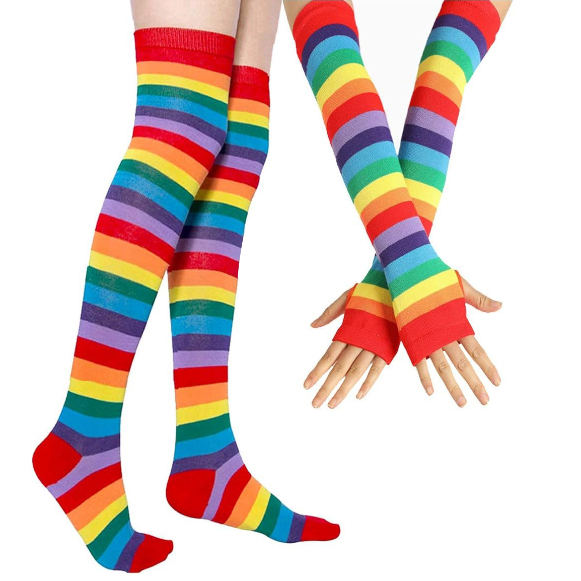 1 ensemble de chaussettes hautes arc-en-ciel au-dessus du genou, ensemble de gants, accessoires de Cosplay, chauffe-bras et jambières pour filles