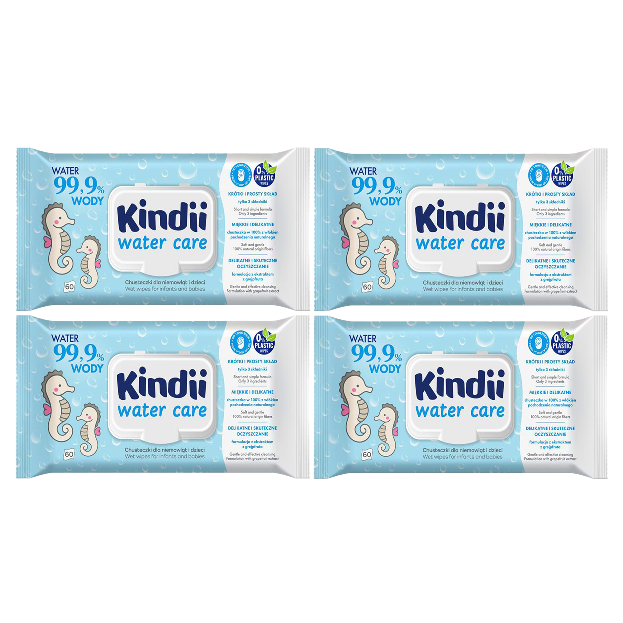 Kindi Chusteczki dla niemowląt i dzieci 99,9 % wody Water Care 60 szt. x4