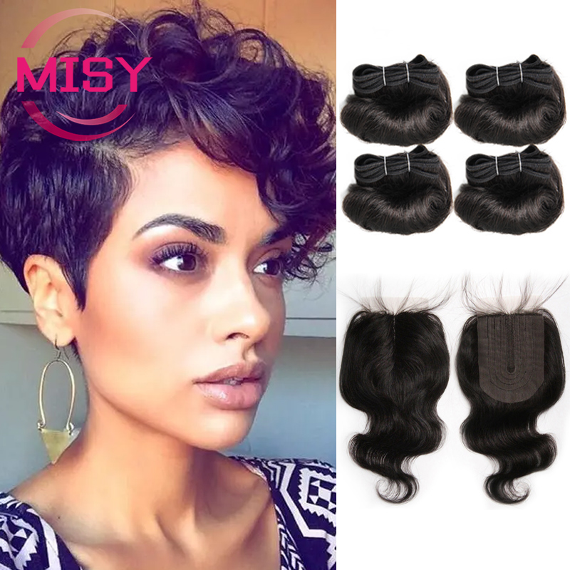 Pacotes de cabelo humano encaracolado curto com fechamento pacotes de cabelo natural brasileiro com fechamento 4x1 t parte fechamento não remy cabelo humano
