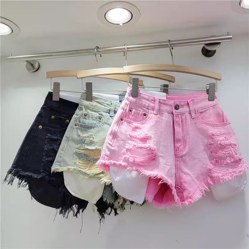 Lekkende Pocket Street Hole Washed Retro Blue Denim Shorts 2026 Zomer Nieuwe Spice Girl Fashion Jeans Hotpants Shorts Dames