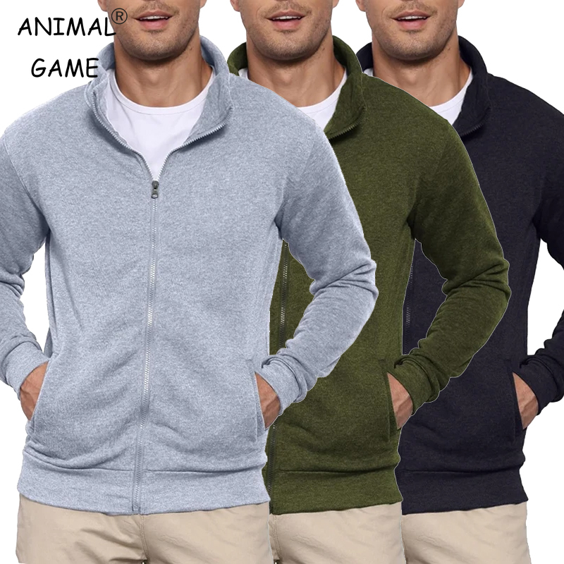 Otoño sudaderas para hombre chaqueta hombre sin capucha abrigos con cremallera deporte al aire libre ligero ropa de calle de manga larga cárdigan ajustado