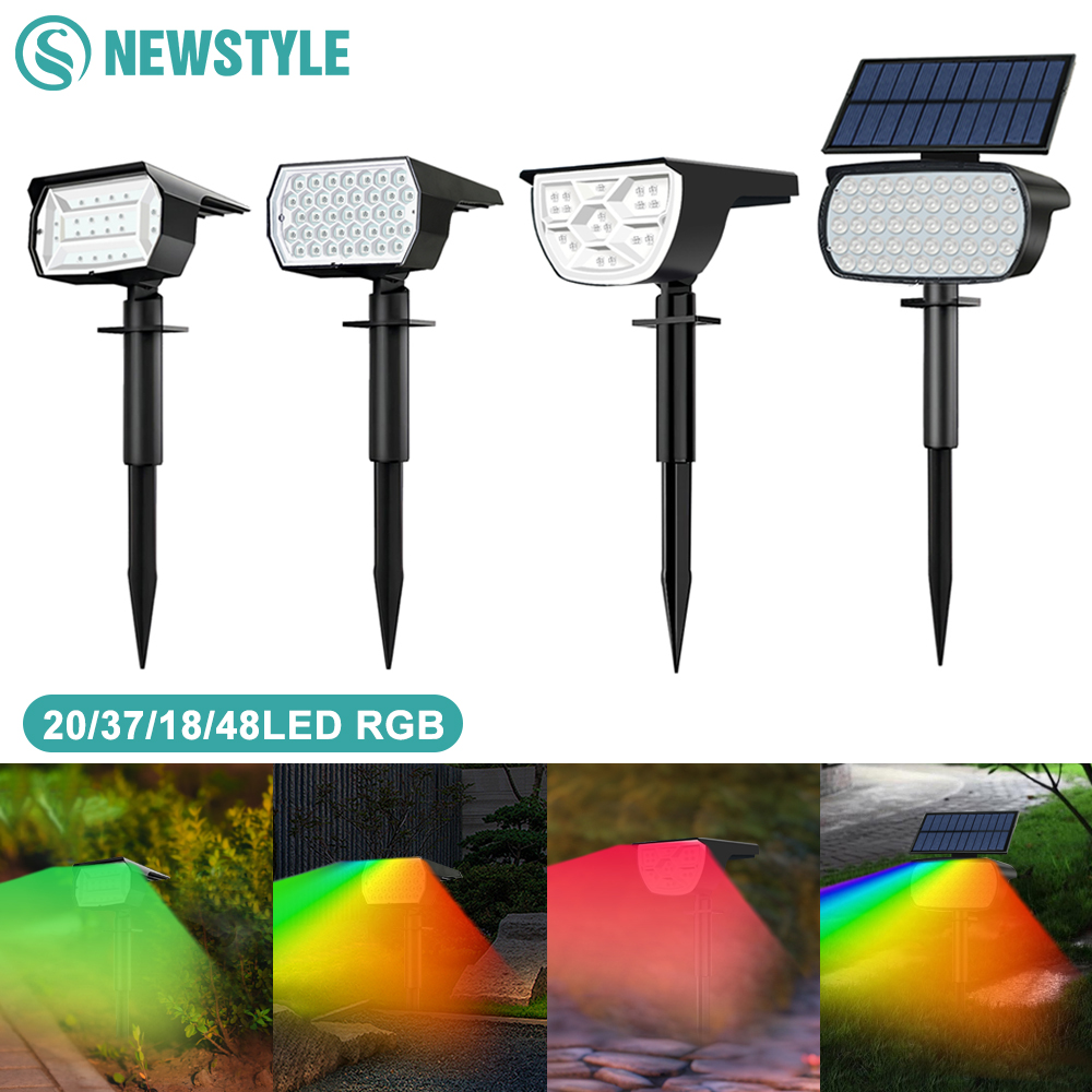 Luz solar ao ar livre mudança de cor rgb 48/37/20led movido a energia solar paisagem holofote decoração do jardim caminho passarela natal