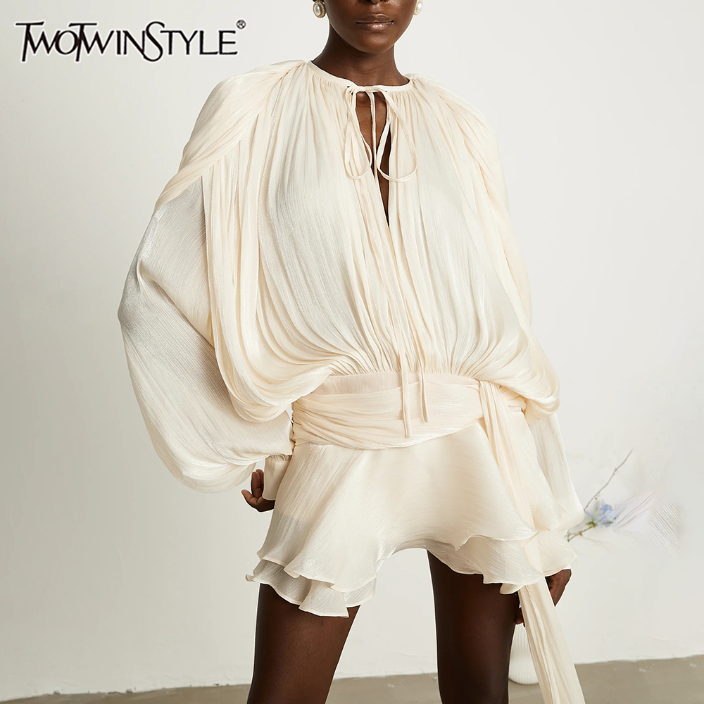 TWOTWINSTYLE 固体スプライシングレースアップルーズドレス女性のための O ネック長袖ハイウエスト気質ドレス女性のファッション新