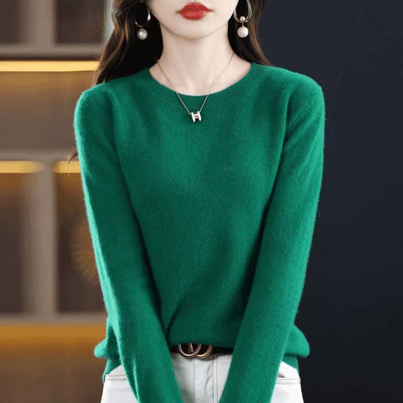 Sweater Wol Merino 100% Elegan, Pullover Kasmir Wanita Kerah O Lengan Panjang, Rajutan Pakaian Dasar, Atasan Jumper