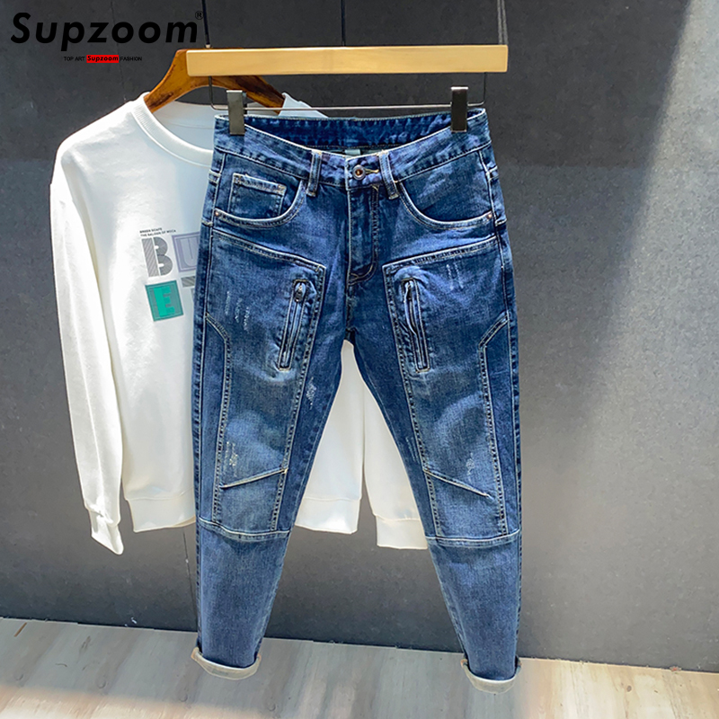 Supzoom nueva llegada gran oferta Top moda otoño cremallera mosca lavado a piedra Casual Patchwork Cargo Denim bolsillos algodón Jeans hombres