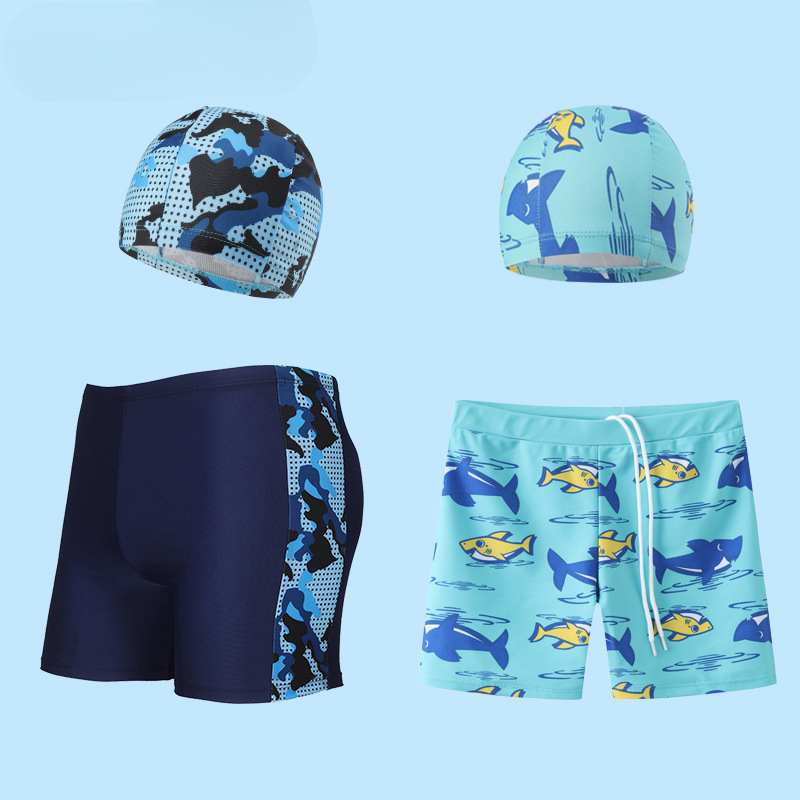 2-teiliges Set Sommer-Badehose für Kinder, Badekappen, Badebekleidung für Jungen, schnell trocknende Shorts, Strandbadebekleidung mit Cartoon-Print, Alter 4–16