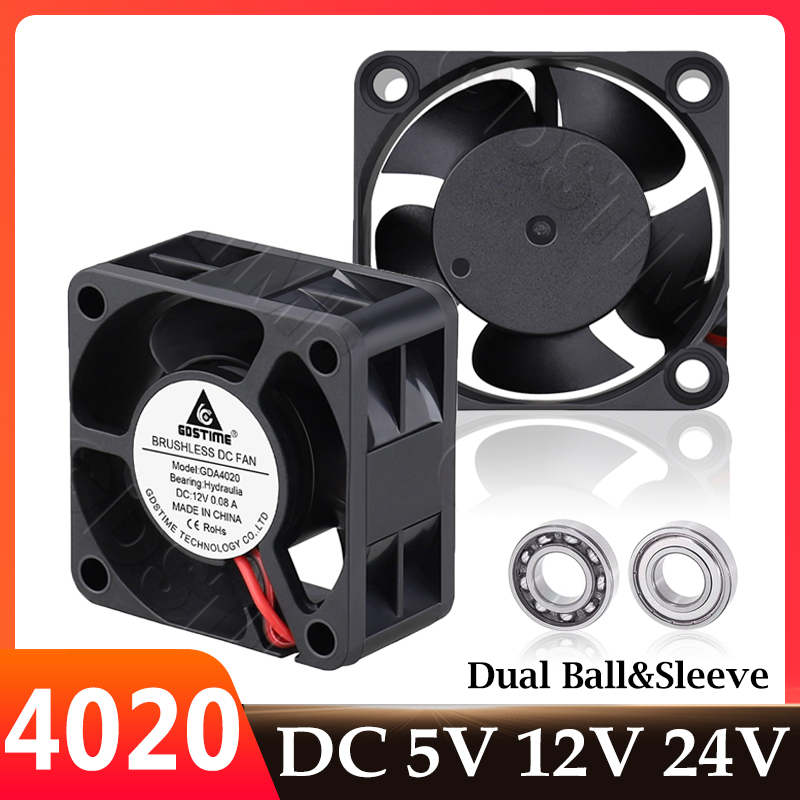 Gdstime 4020 Fan 24V 12V 5V Cooling Fan 40mm Dual Ball 3D Printer Fan 40x40x20mm 2PIN Brushless DC Axial Fan Mini CPU Cooler