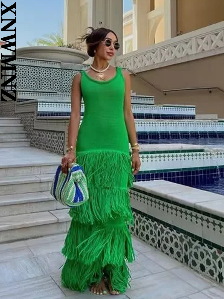 XNWMNZ-Vestido longo sem costas feminino, vestido de franja de malha, vestido de ombro largo, gola redonda, moda elegante