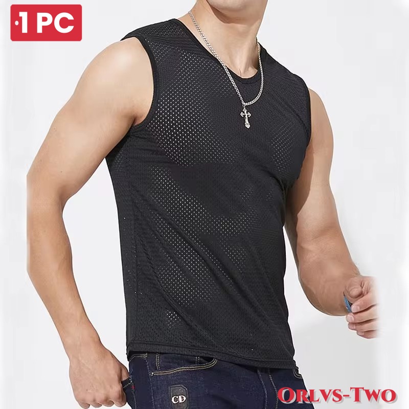 Débardeur en maille de soie glacée pour hommes, 1 pièce, Stringer de gymnastique, chemise transparente de musculation, gilet de Fitness, Singlets musculaires en maille
