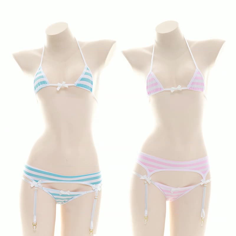 Roupa Interior Sexy Japão para Mulheres, Lolita, Kawaii, Carnaval, Azul, Rosa, Listra Branca, Mini Biquíni, Role Playing Adulto, Roupa Erótica, Sutiã, Novo