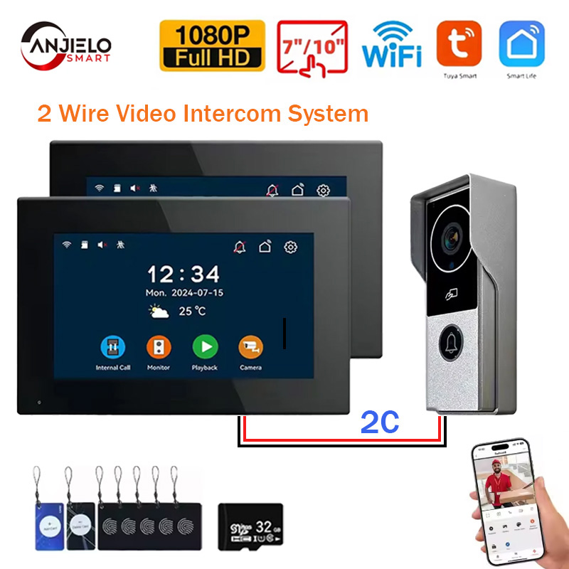 ANJIELO Tuya Smart 1080P2 Wire Visiophone Doorbell Video Intercom SystemHome Metal DoorPhone Support IP Camera Safety protection