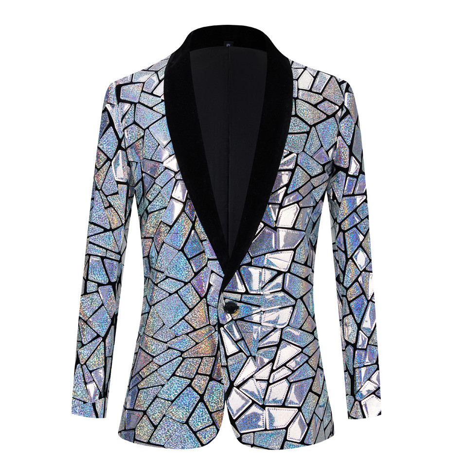 Blazer con espejo láser plateado brillante para hombre, abrigo para Bar, club nocturno, cantante, puesta en escena, traje de lentejuelas, chaqueta, esmoquin para fiesta y banquete
