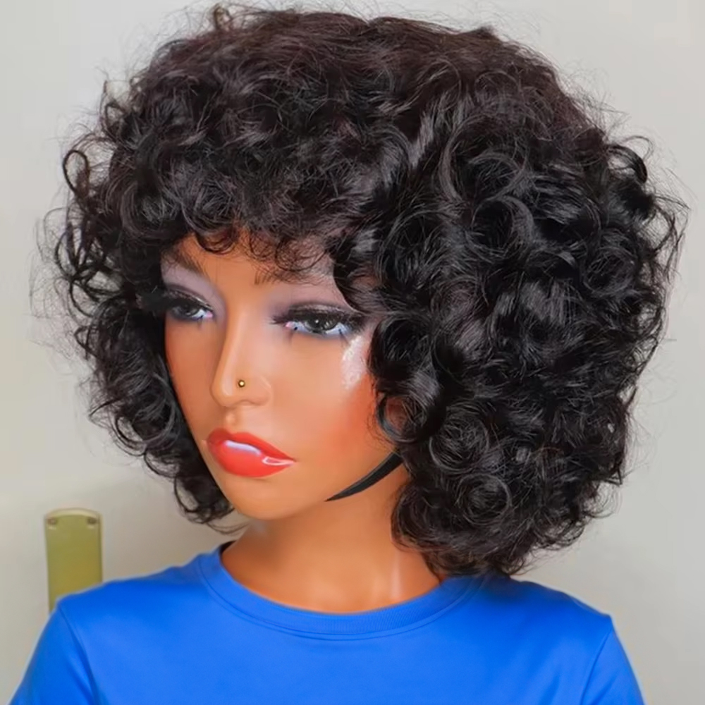 Funmi encaracolado completo máquina feita peruca curta bob com franja sem cola pronto para usar solto encaracolado perucas de cabelo humano vietnamita para mulher