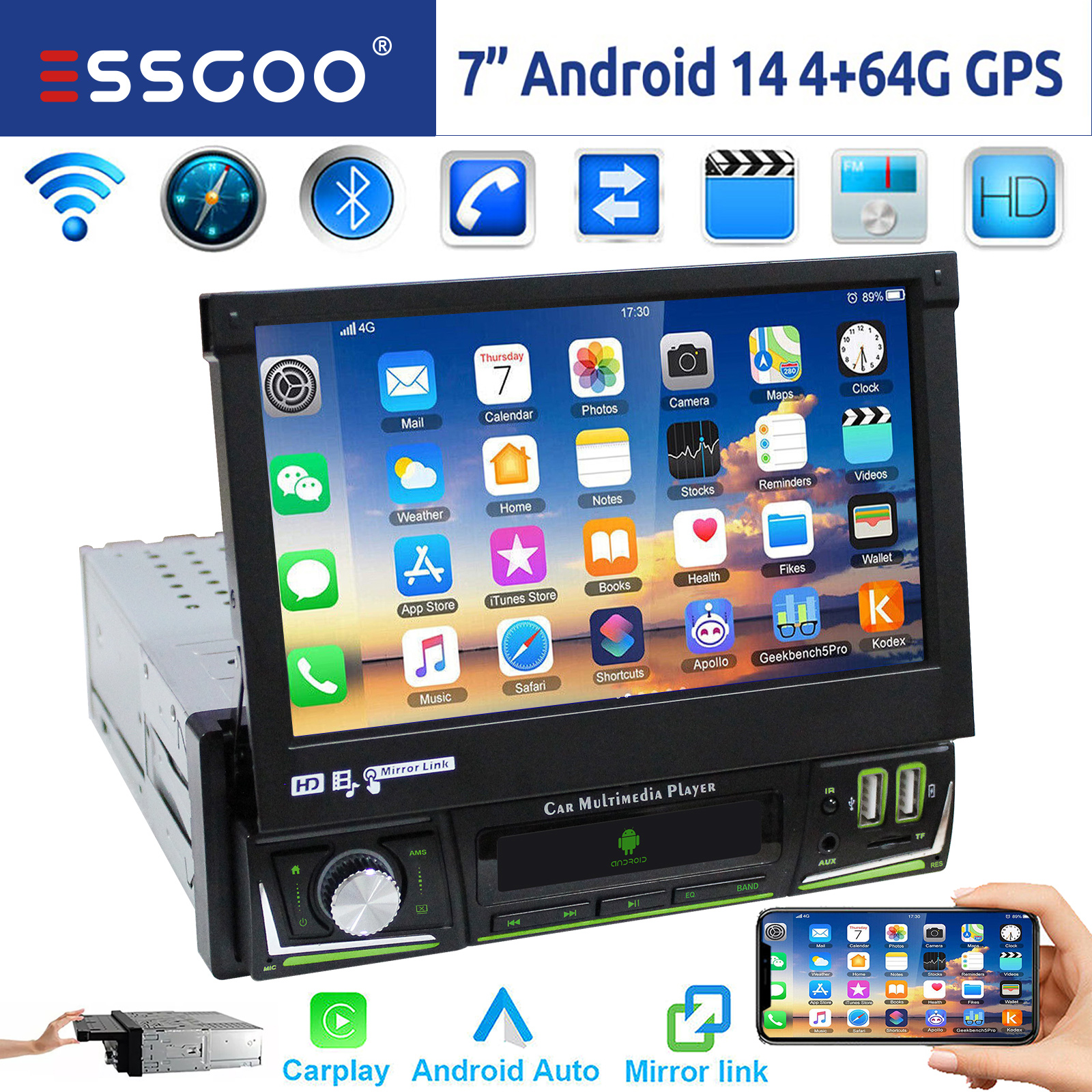 ESSGOO 1 DIN 7 Inch Flip Out Touchscreen 4+64G Android 14 Autoradio Apple Carplay Android Auto GPS Navi Wifi FM RDS Bluetooth USB EQ Mirror Link