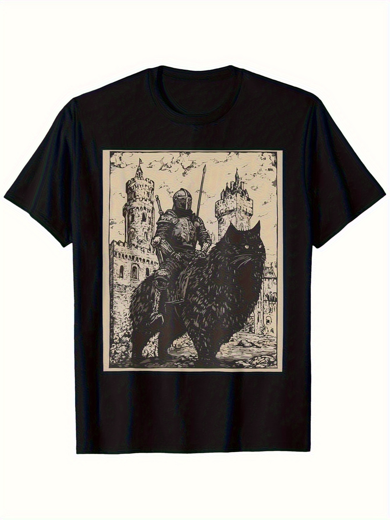Koszulka z grafiką czarnego kota w stylu vintage, retro lata 90., gotycki wzór z zamkiem, miękka koszulka na lato, codzienna moda damska, odzież z krótkim rękawem.