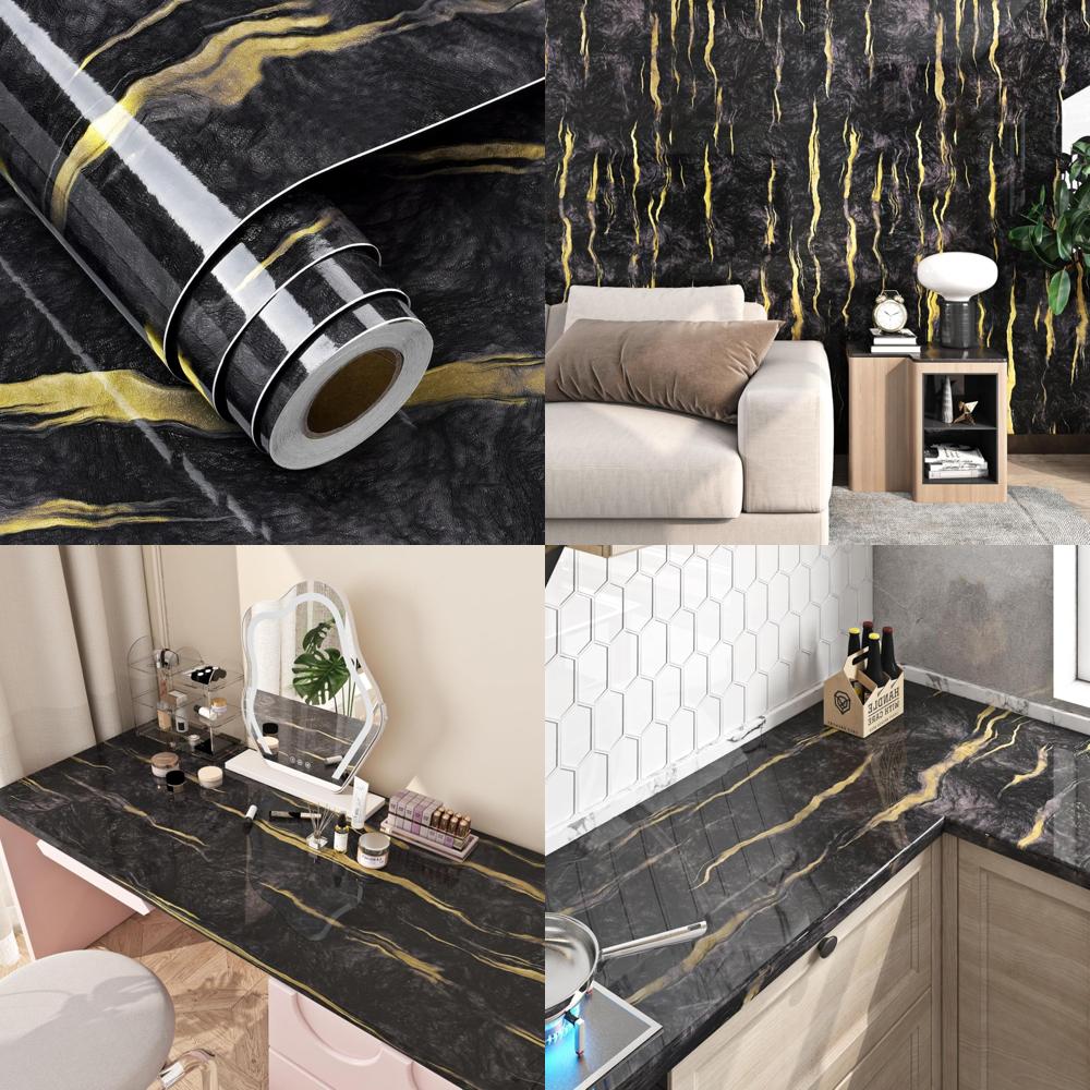 FunStick 36x200 Large Black Gold Marble Contact Paper for Countertops Contact Paper Peel and Stick Countertops Waterproof Modern
