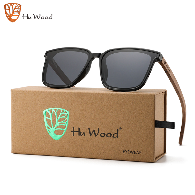 Hu bois carré hommes femmes lunettes de soleil polarisées lunettes de soleil lentilles bleues jambes en bois nuances Uv400 GR8052