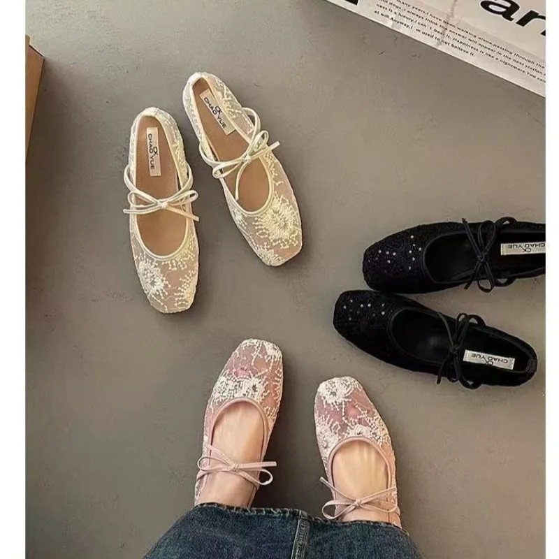 Lente/zomer elegante vierkante teen sexy mesh ballet platte schoenen modieuze best verkochte nieuwe comfortabele grote maten damesschoenen