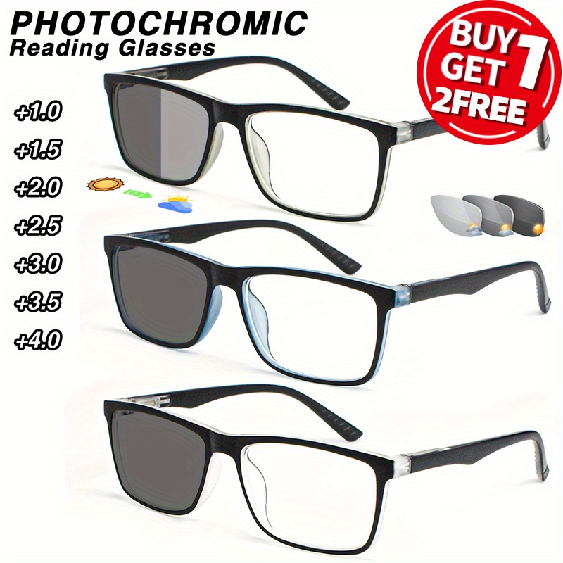 3 pares de novos óculos de leitura multifuncionais e modernos, com lentes que mudam de cor e são sensíveis à luz, unissex, essenciais para leitura no escritório, podem ser usados como presentes para o Dia dos Pais e Dia das Mães.
