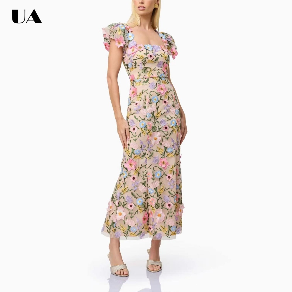 Robe longue maxi ULBYANRY style français à col carré et fleurs 3D pour femme, robe longue brodée tendance, nouvelle robe de soirée à manches bouffantes pour l'été