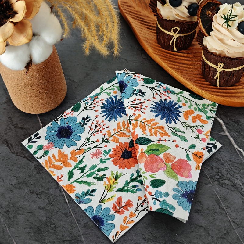 20pcs 33cm 2Layer Romantic Countryside Style Meal Towels Colorful Flowers, Leaves, Printed Party Towels DIY Decoupage Paper