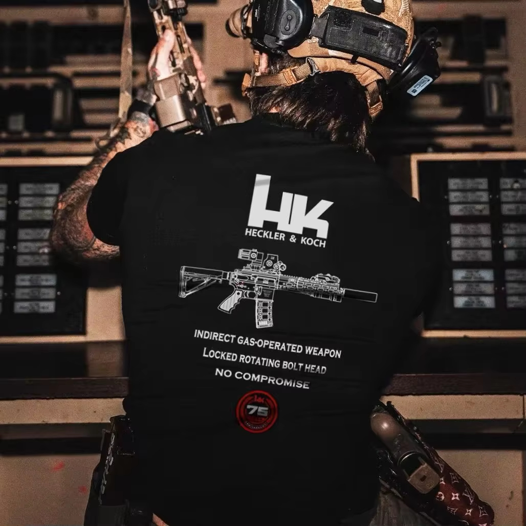 Camiseta tática unissex com estampa de rifle, camiseta preta de algodão de manga curta, sem compromissos, para entusiastas de armas de fogo, streetwear