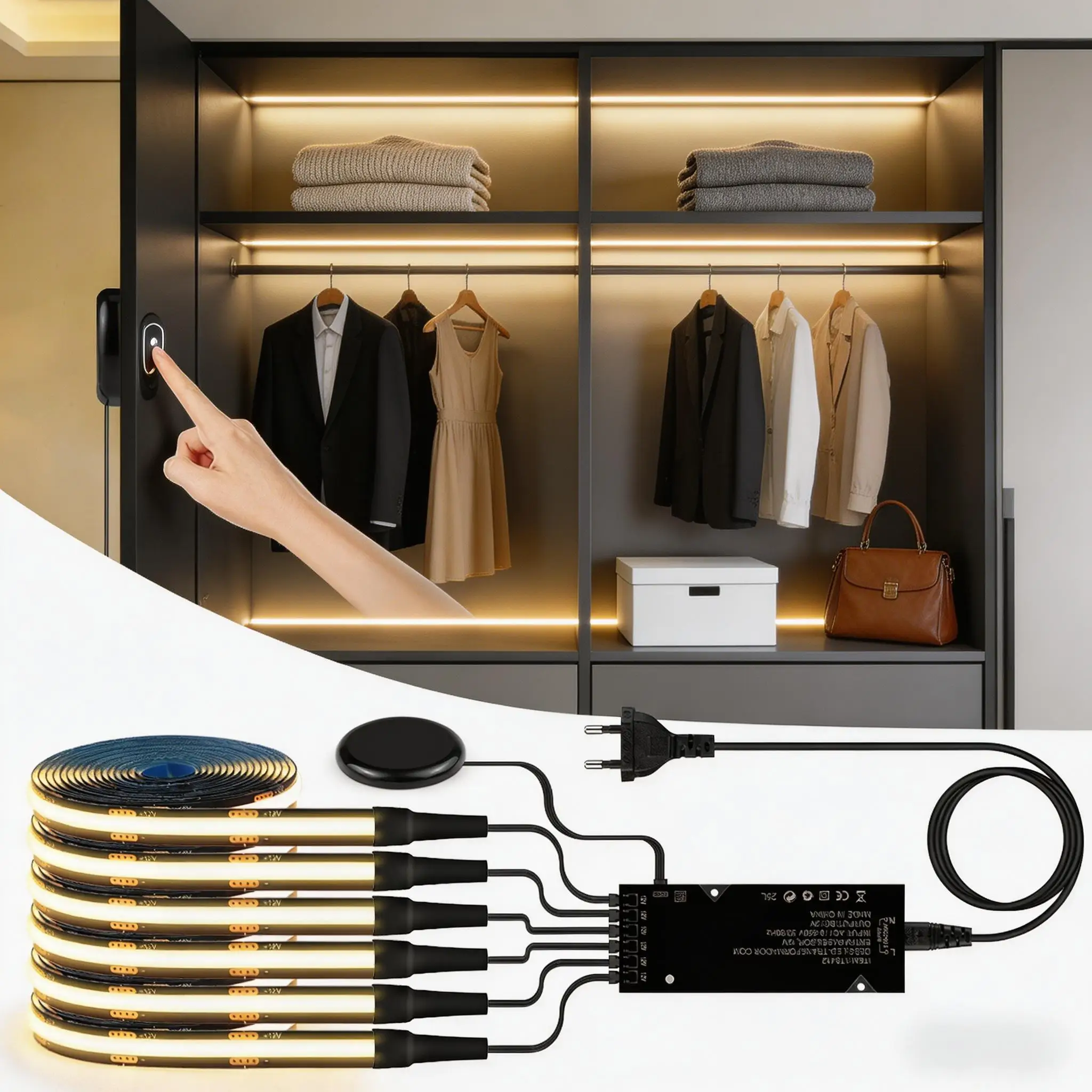 1-10 Kanal COB LED-Streifen-Set - Schwarze Leiterplatte, Bohrfreies Dimmbares Durchdringendes Board mit Berührungssensor-Schalter für Schrank-Hintergrundbeleuchtung