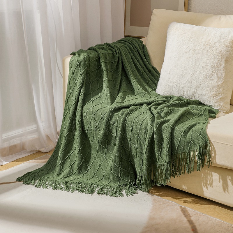 Couverture tricotée verte pour lits avec pompon, gris, bleu, couverture de canapé à carreaux texturée solide, décor nordique d'extrémité de lit, couverture de sieste douce
