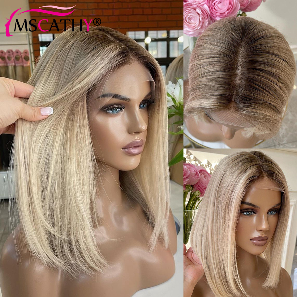 Ashy Blonde Ombre Human Hair Wigs For Women Short Straight Bob Lace Frontal Wig With Brown Roots 13x4 HD Transparent Lace Wigs