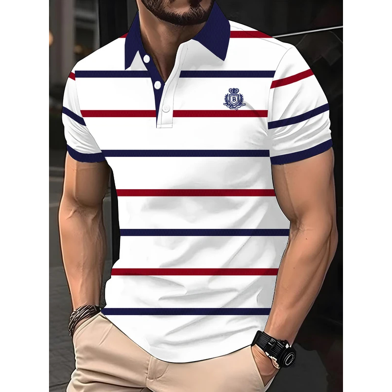 Luksusowa koszulka polo z krótkim rękawem z logo marki, modna letnia koszulka w paski, oddychająca, wysokiej jakości męska odzież w stylu koreańskim.
