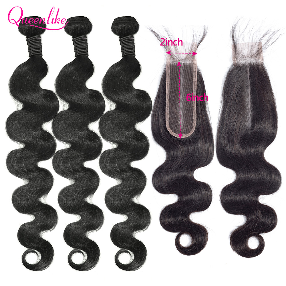 Cabelo Humano Ondulado Queenlike com Fechamento 2x6, Divisão Central Profunda, Renda HD 12A, Extensões de Cabelo Humano Brasileiro 100%