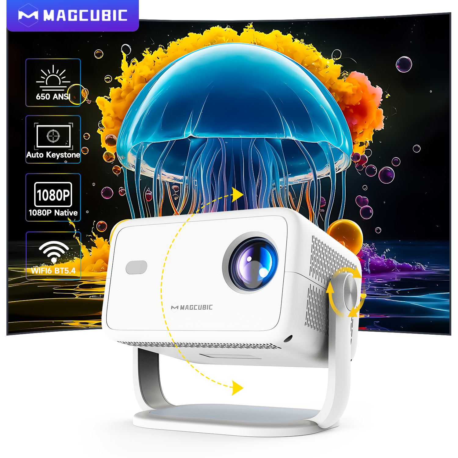 Proyector Magcubic L018 650ANSI 8K Native 1080P Enfoque automático y corrección kefónica Android14 BT5.4 WIFI6 360 °   Cine en casa portátil