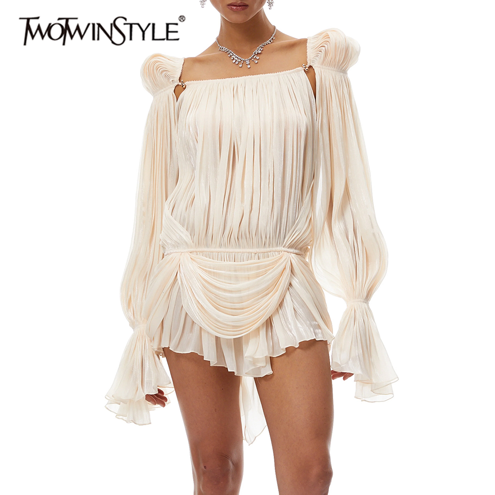 Vestido Mini Plissado Apricot Glamour TWOTWINSTYLE para Mulheres com Decote Quadrado e Mangas Bufantes para Galas e Tapete Vermelho