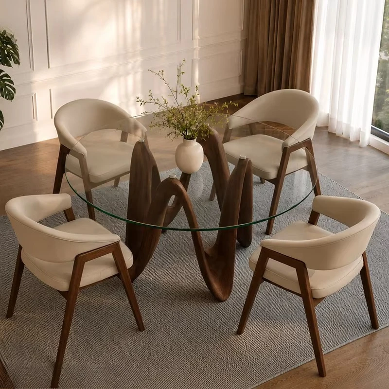 &c Modern Luxury Round Glass Top Dining Table Solid Wood Wavy Base Dinner Table Artistic Sculptural  Home Furniture