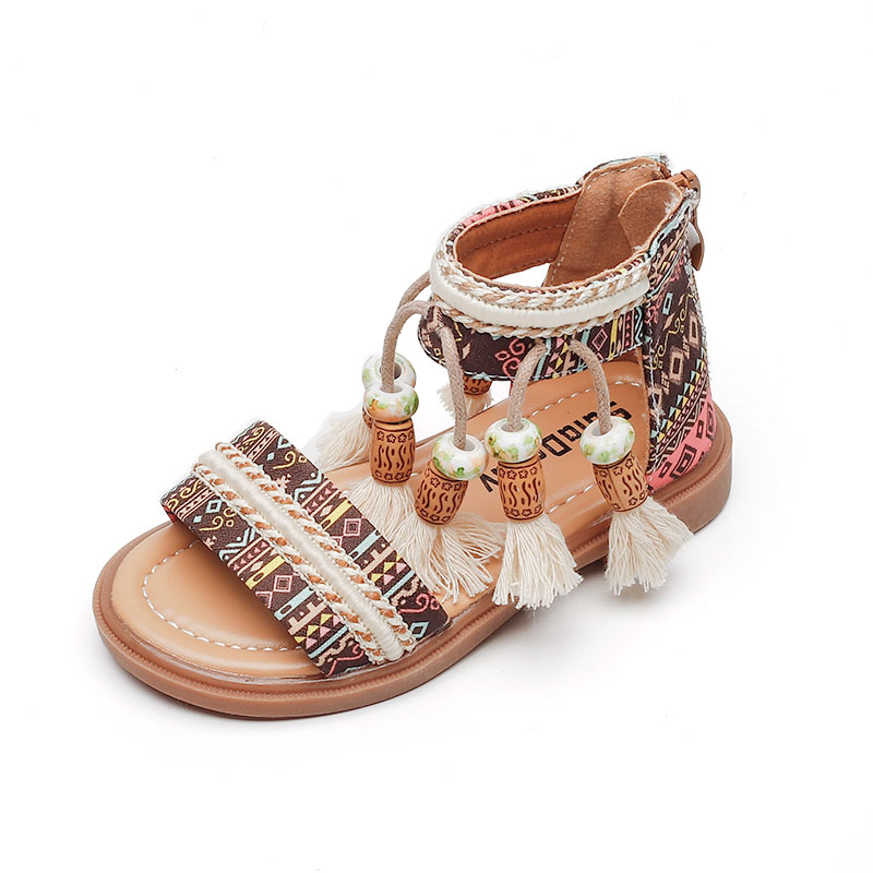 Sandali da ragazza etnico retrò per bambini moda scarpe casual nappe 2024 cerniera posteriore estate nuovi sandali modello per bambini GLADIATOR carino