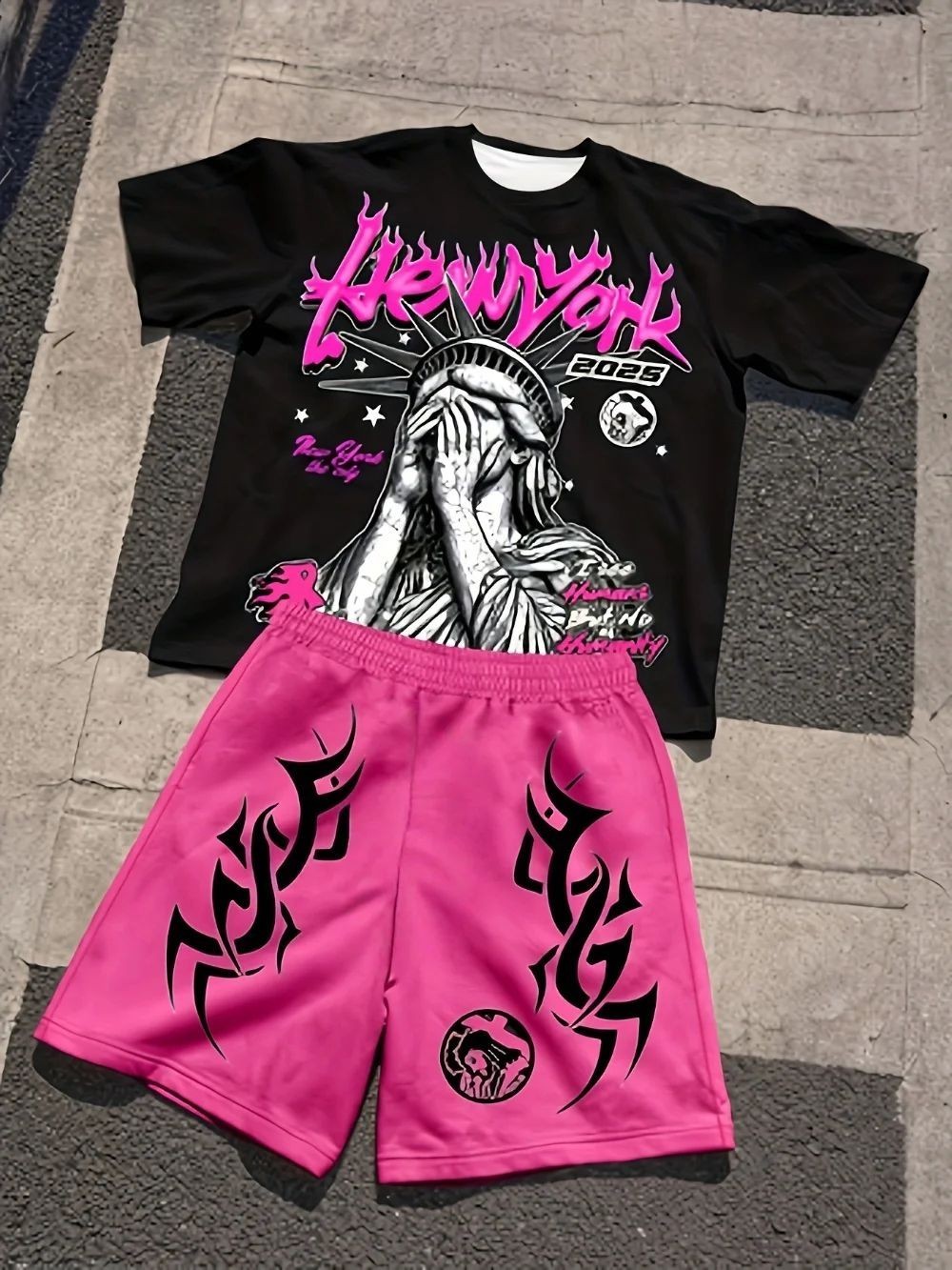 Nieuwe heren zomer T-shirt met Vrijheidsbeeld-print, comfortabel, ademend, ronde hals, trekkoord, shorts, set voor buiten, streetwear